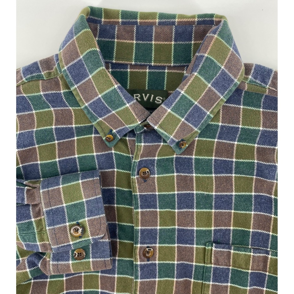 Orvis Flannel Shirt Men XL Green Navy Brown Plaid Button Down Outdoor Fall Cabin